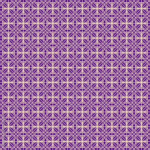 Seamless geometric pattern with a repeating floral motif in deep purple and gold