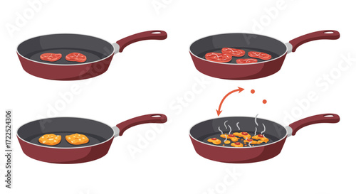 Visual guide illustrating the process of frying tomatoes in a red pan
