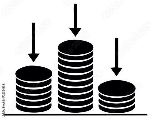 Three stacks of coins with downward pointing arrows illustrating decrease or cost