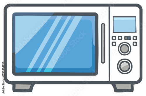 Modern white microwave oven with a blue glass door and digital display