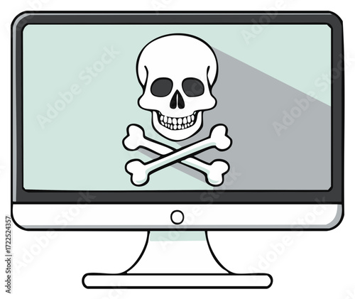 Cartoon Computer Monitor Displaying a Skull and Crossbones Symbol as a Warning