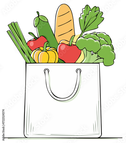 Grocery bag illustration with fresh vegetables, eco bag concept, healthy eating