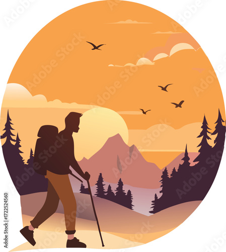 Silhouette Of Hiker With Backpack Walking On Mountain Trail At Sunset With Birds hiking trekking