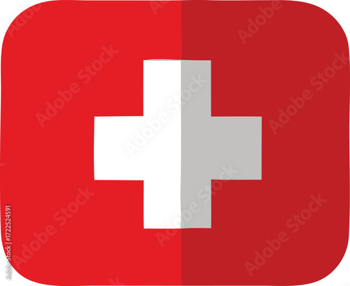 Red square icon with white cross symbol for medical emergency aid and swiss healthcare