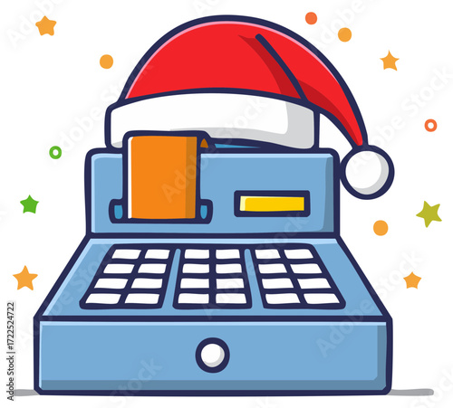 Retro cash register with Santa hat and festive stars, celebrating Christmas holidays