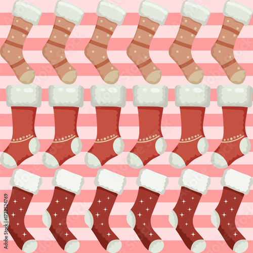 seamless pattern Festive christmas stockings display holiday decor digital illustration vibrant background top-down celebratory theme