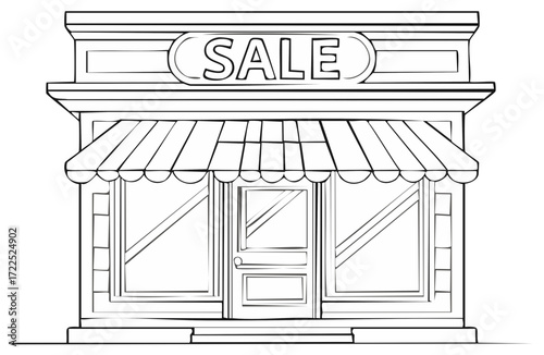 Line drawing of storefront with sale sign and awning, outline of boutique store