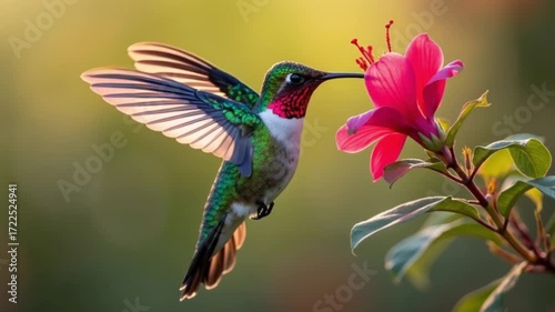 Colorful hummingbird flying while sipping nectar from red flower in nature