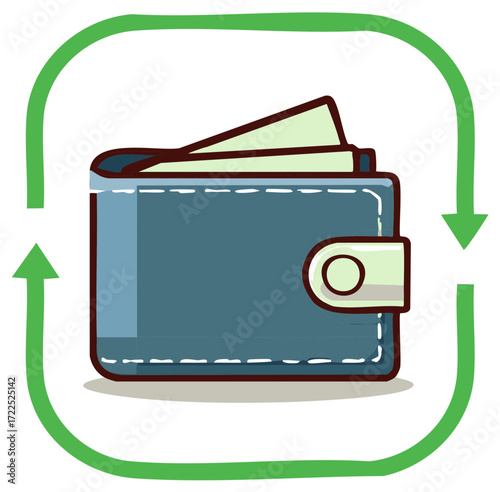 Illustration of a wallet with money and an arrow circle, representing cash flow and financial concepts