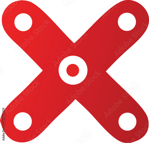 Red and white cross symbol with four circular holes and central dot abstract graphic design
