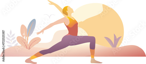 A woman performing a yoga pose, depicted in an artistic style, emphasizing balance and tranquility.
