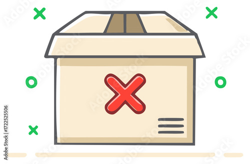 Illustrated cardboard box with a red 'X' symbol on the front, depicting cancellation or error.