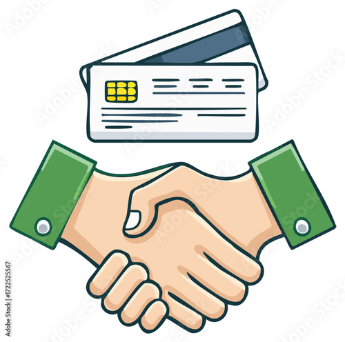 Cartoon Handshake with Credit Card Illustrating Financial Agreement or Business Deal