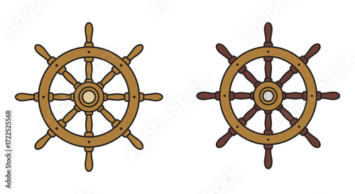 Two vintage ship wheels are illustrated showcasing nautical steering equipment