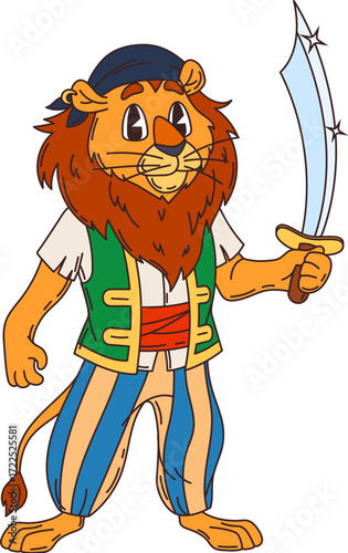 Cartoon lion animal pirate character or corsair ship crew, vector funny personage. Lion in sailor bandana with saber sword or dagger dirk as Caribbean corsair boatswain and skipper cartoon character