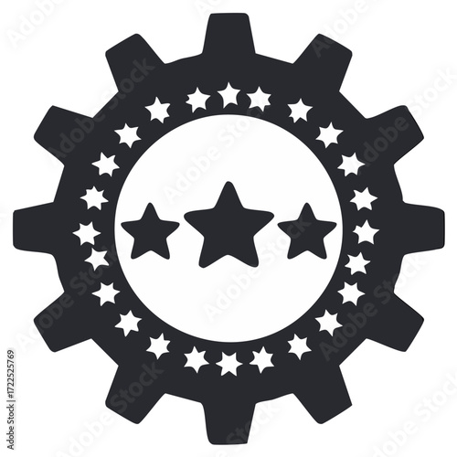 Gear with three stars in the center and a ring of stars around, symbolizing quality and performance