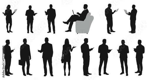 Silhouettes of business people in various working postures a modern office scene