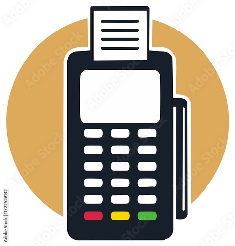 Stylized POS terminal with buttons, screen, and receipt paper on a golden background