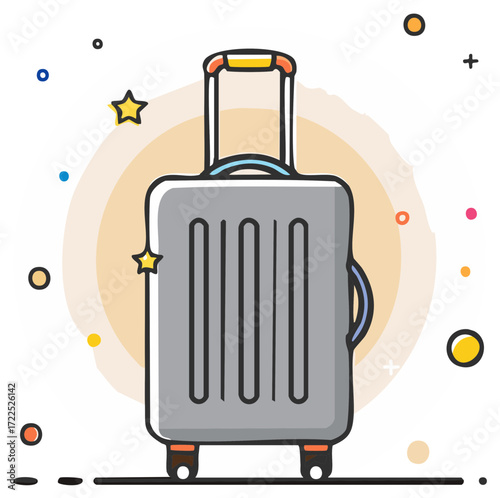Cartoon illustration of a gray travel suitcase on wheels, a symbol of vacation, journey, and adventure.