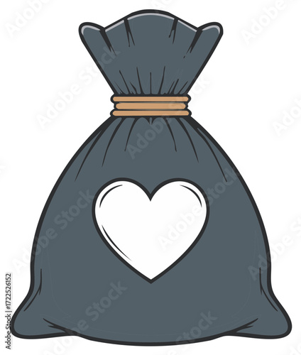 Bag of love illustration. Heart shape inside a gray fabric sack. Charity and compassion concept.