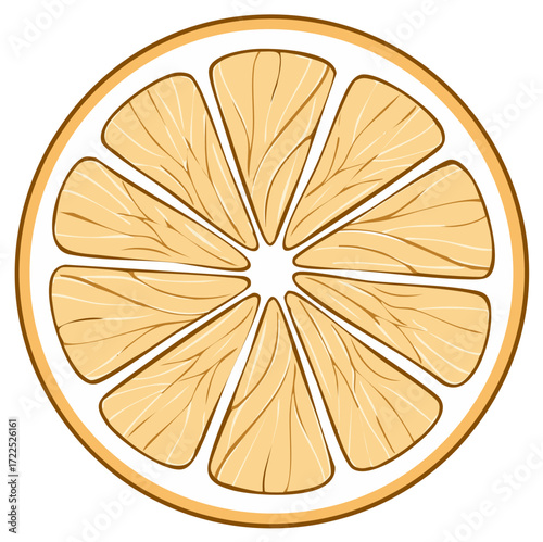 Stylized orange section illustration, citrus fruit graphic element, refreshing vitamin C, sweet treat clip art.