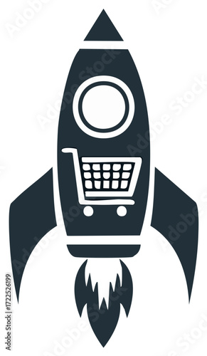 Rocket Carrying Shopping Cart Symbolizing Rapid Delivery and Ecommerce Growth