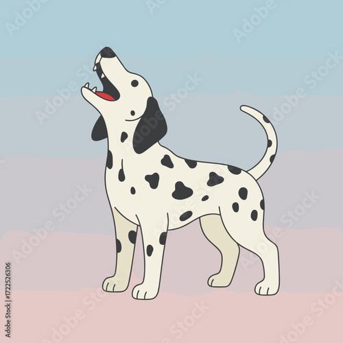 Dalmatian dog howling against a pastel background  