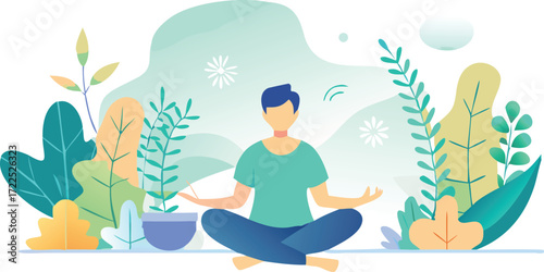 Man meditating in lotus position surrounded by lush plants and colorful flowers, promoting tranquility and mindfulness.