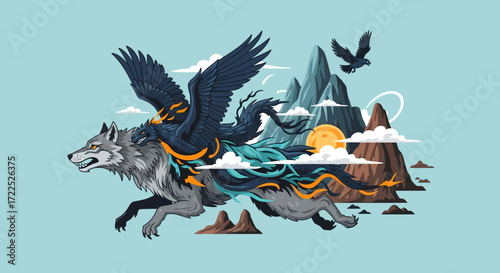 Majestic winged wolf in a dynamic pose, embodying strength and freedom.