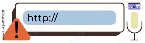 Address bar displaying http with a warning icon, microphone for voice input, and AI circuit panel. Ideal for cybersecurity, web navigation, digital communication, AI, automation, user safety