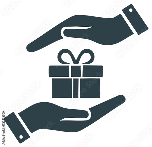 Hands holding and protecting a gift box with a ribbon, symbolizing care and giving