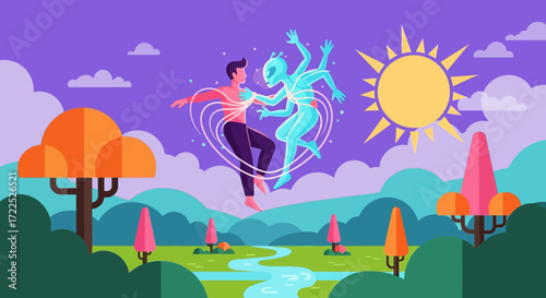 Man and alien dancing in a vibrant, surreal landscape.
