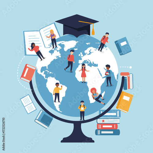 Students worldwide connected by graduation caps, symbolizing global education.