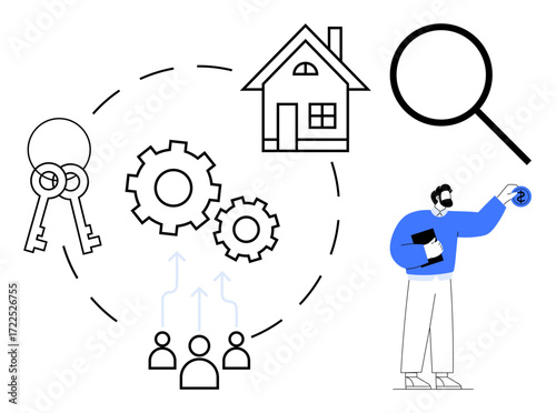 Keys, house, magnifying glass, gears, and people icons representing real estate, teamwork, research, housing property management. Ideal for real estate marketing property research teamwork