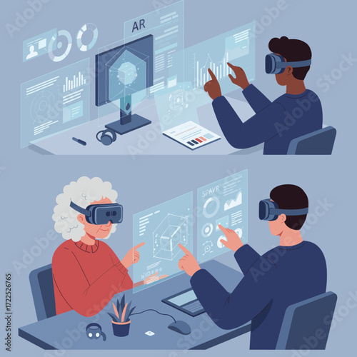 People work with futuristic technology screens, representing digital innovation and data analysis.