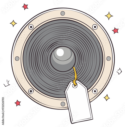 Stylized speaker with tag, representing music, audio quality, sale, and entertainment.