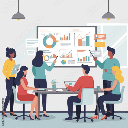 Team members discuss ideas with charts and graphs during a meeting.
