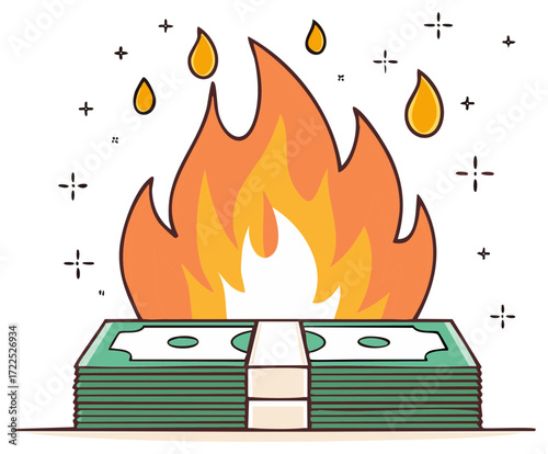 Burning money stack illustration representing financial crisis inflation debt and economic hardship