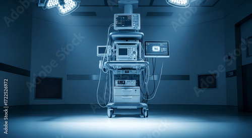 Modern operating room with advanced medical equipment and surgical lights
