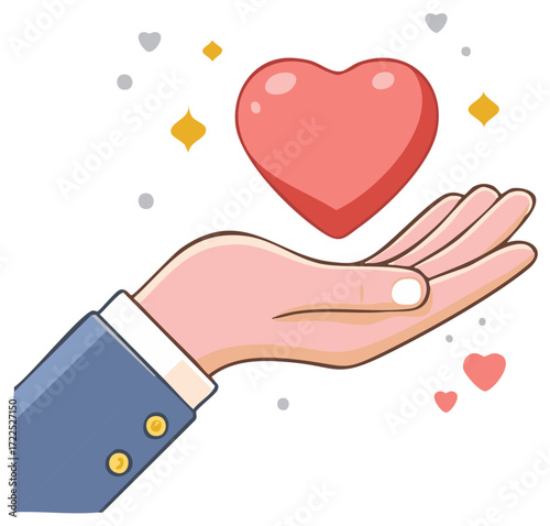Cartoon hand offering or holding a large floating red heart with decorative sparkles, symbolizing love, care, and generosity