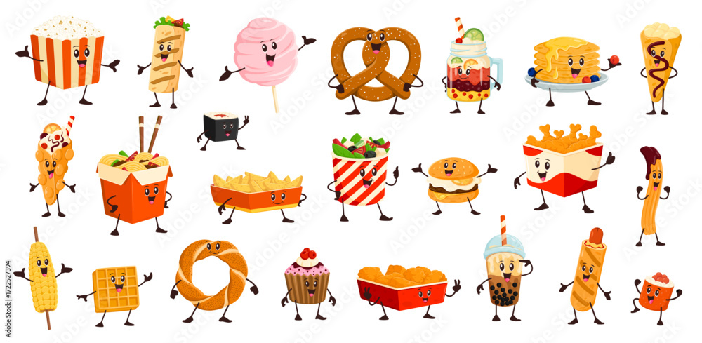 Obraz premium Cartoon funny fast food characters and personages. Vector popcorn, cotton candy, pretzel and bubble tea cup. Sushi, burger, fries, tacos and wok box with noodles. Pancakes, churros, waffle and corndog