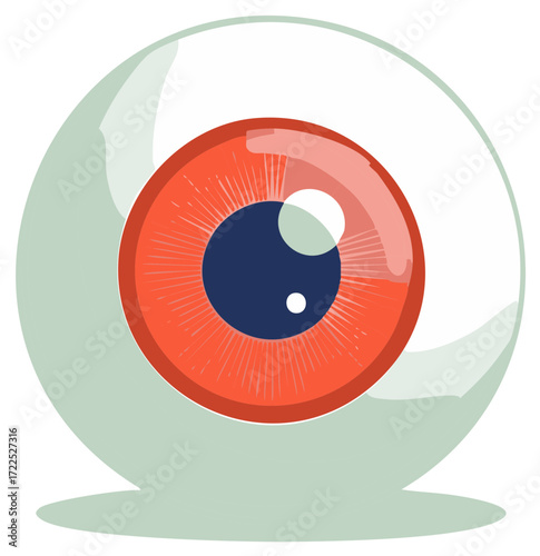 Cartoon eyeball with red iris and dark blue pupil in a graphic representation on white