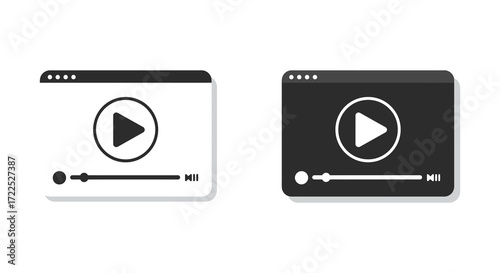 Two simplified video player icons one light and one dark mode