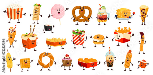 Cartoon funny fast food characters and personages. Vector popcorn, cotton candy, pretzel and bubble tea cup. Sushi, burger, fries, tacos and wok box with noodles. Pancakes, churros, waffle and corndog