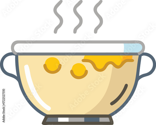A bowl filled with food, emitting steam, suggesting it is warm and ready to be served.
