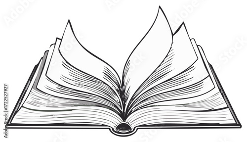 Stylized Open Book with Fluttering Pages Black and White Hand Drawn Illustration
