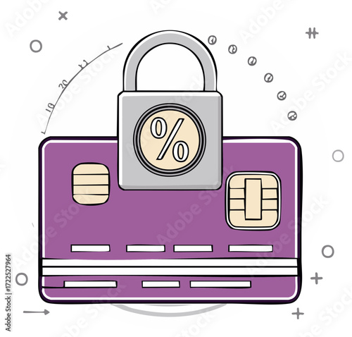 Credit card security with metal padlock and percentage sign protects finances and online shopping deals