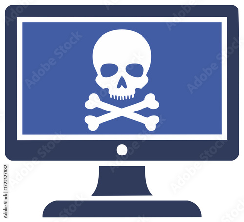 Malware warning on computer monitor screen, depicting a white skull and crossbones symbol