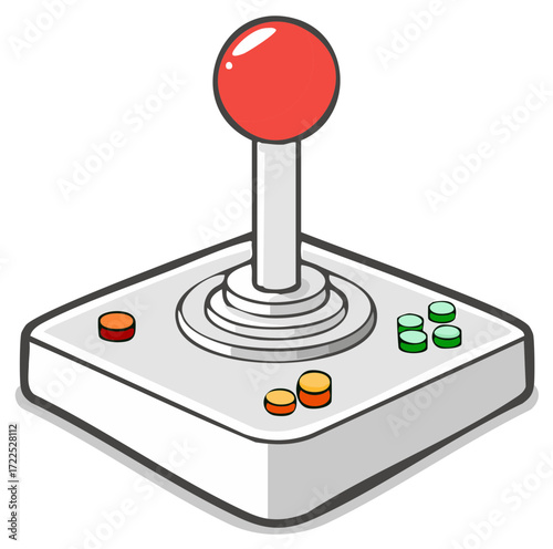 Classic retro arcade game joystick controller with red ball top and colorful buttons