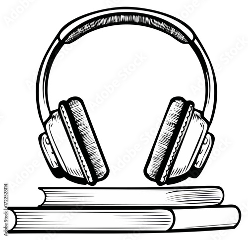 Headphones resting on stacked books, artistic sketch illustration